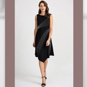Joseph Ribkoff Black Silver Knit Asymmetrical Midi Dress Sleeveless Womens Sz 20